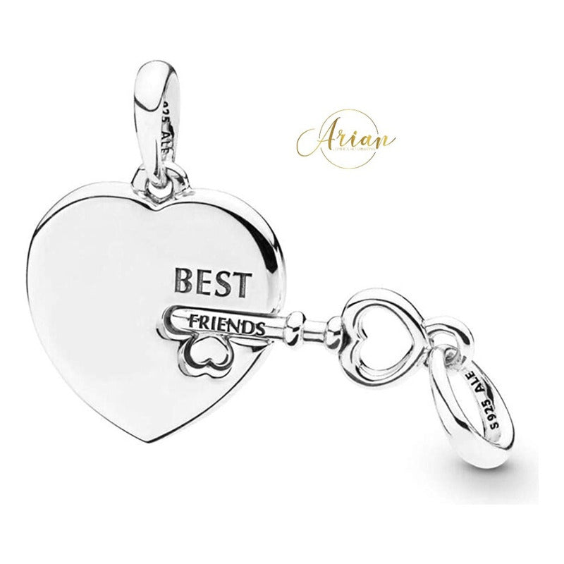 Dije Doble Corazón Y Llave Best Friends Plata 925