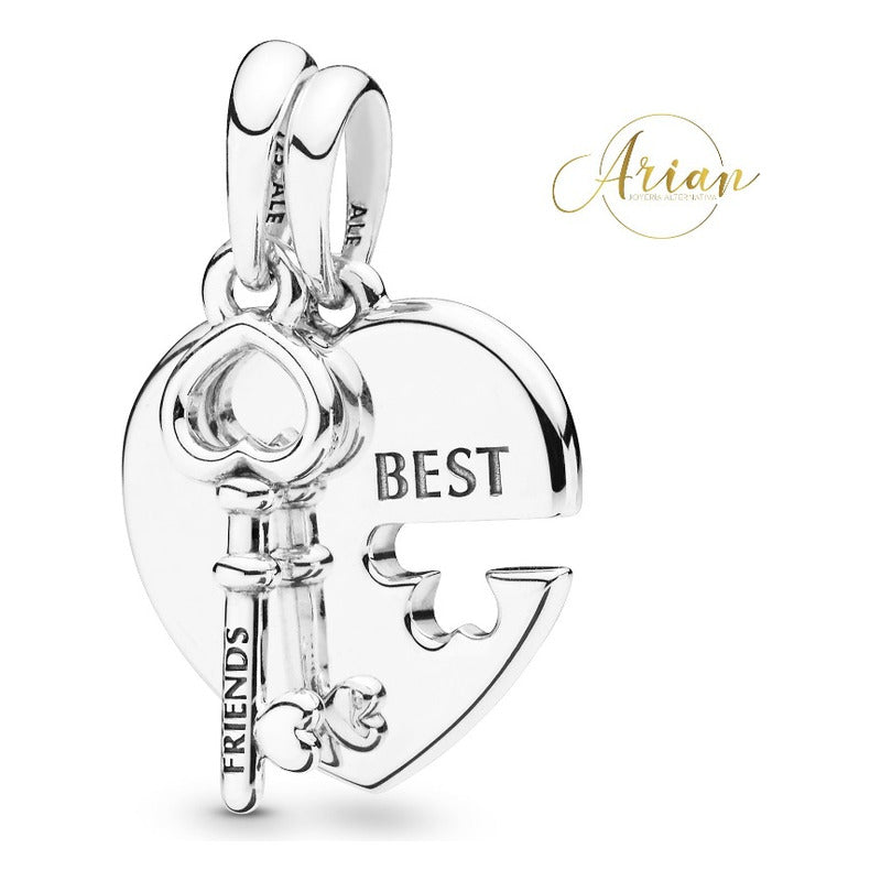 Dije Doble Corazón Y Llave Best Friends Plata 925