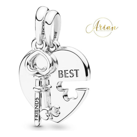 Dije Doble Corazón Y Llave Best Friends Plata 925